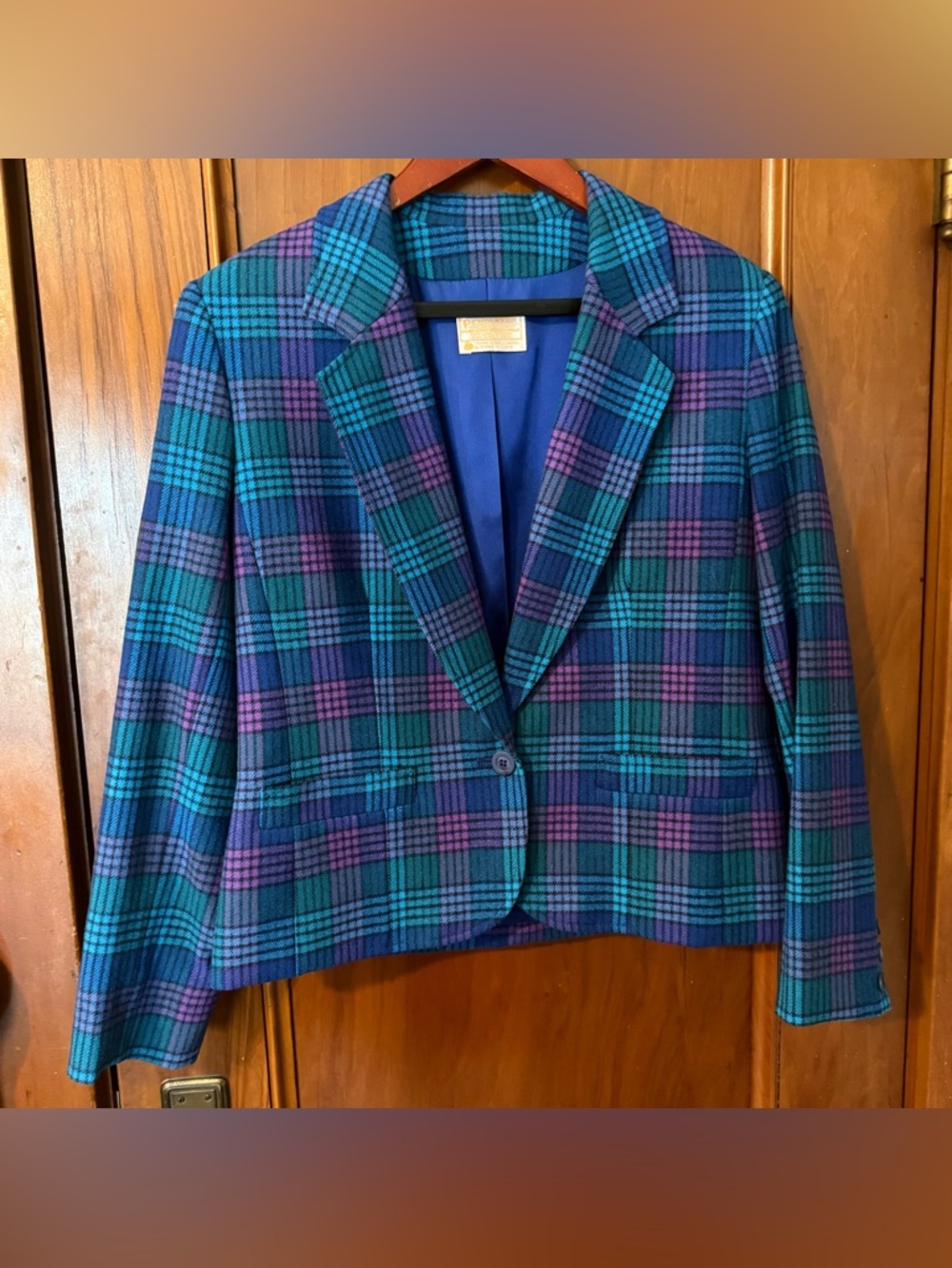 VTG Pendleton Wool Teal Blue & Purple Plaid Notch Collar Blazer Jacket M 10 USA